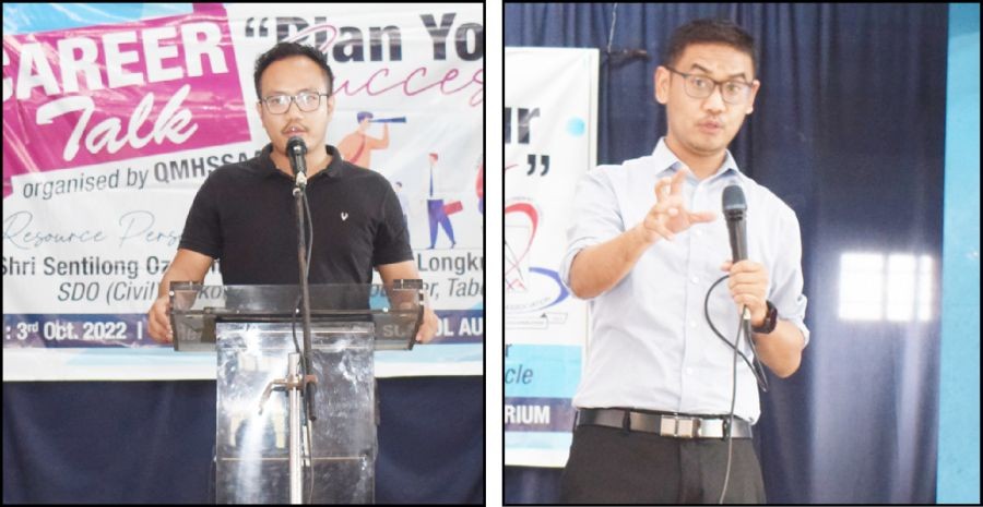 Atoba Longkumer, Co-founder, Tabernacle and Sentilong Ozukum, SDO (Civil) speaking at the career talk organized by Queen Mary Higher Secondary School Alumni Association on October 3. (Morung Photo).